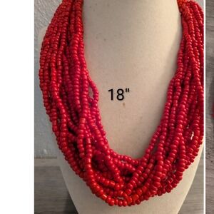 Red Multi Strand Seed Bead Statement Necklace Chunky Bib Boho 18 Inch